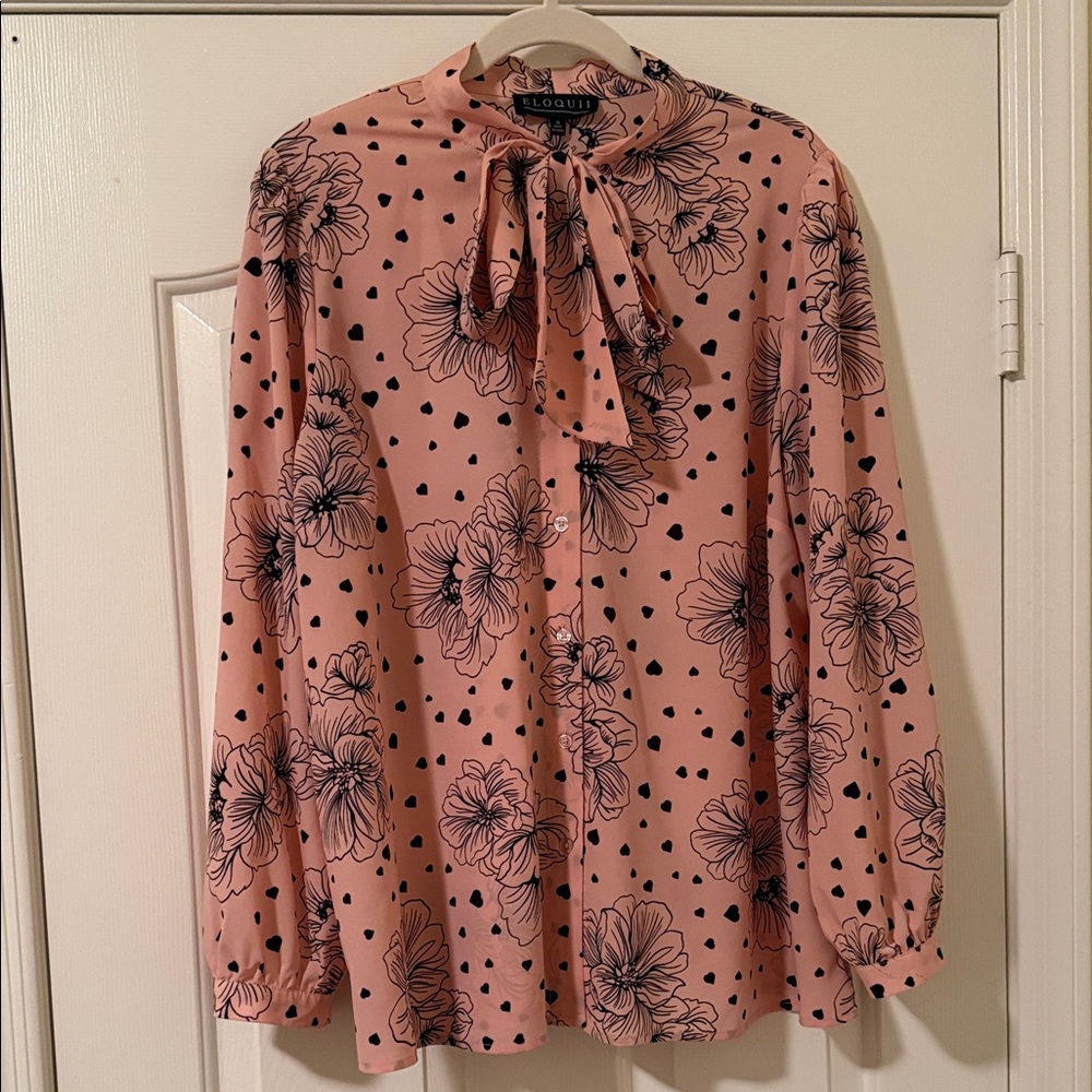 Eloquii Pink Floral Blouse with Bow